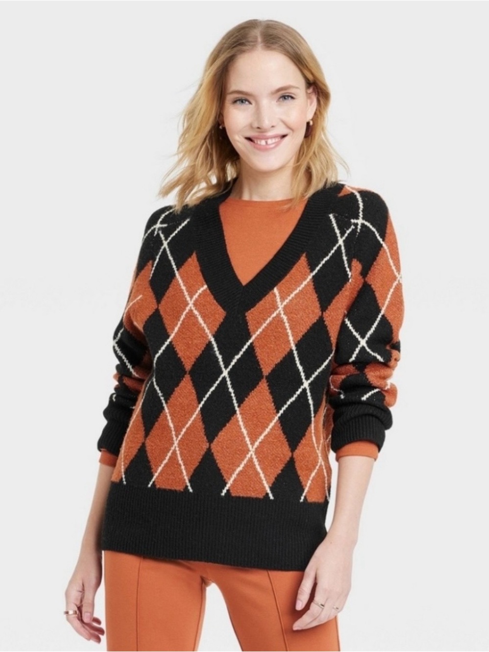 a new day Sz XL Argyle V-Neck Sweater in Orange and Black polyester Women’s
